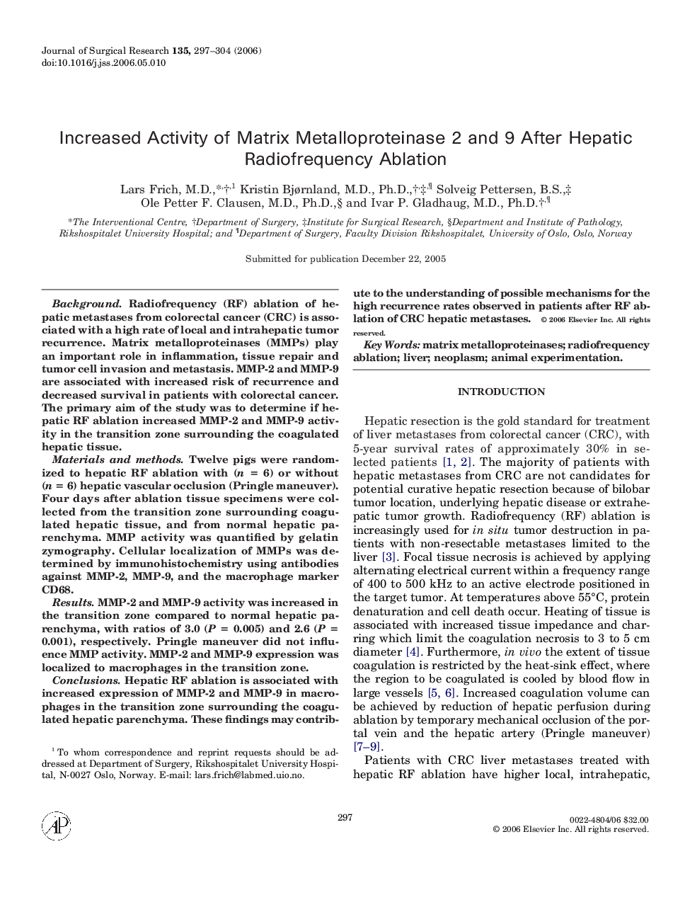 Increased Activity of Matrix Metalloproteinase 2 and 9 After Hepatic Radiofrequency Ablation