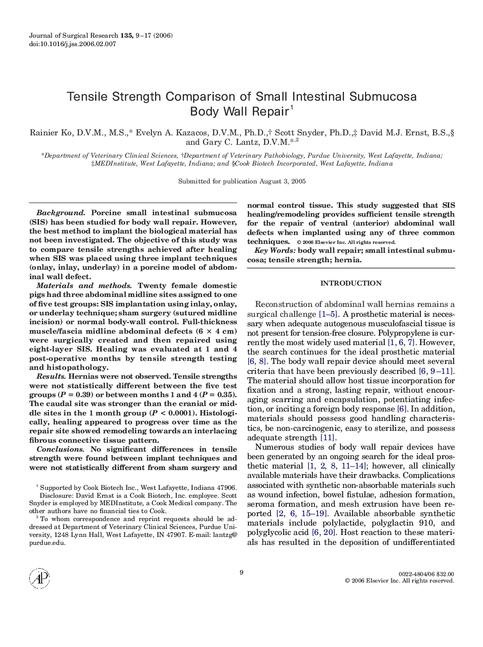 Tensile Strength Comparison of Small Intestinal Submucosa Body Wall Repair 1