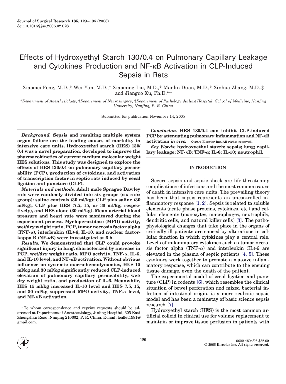 Effects of Hydroxyethyl Starch 130/0.4 on Pulmonary Capillary Leakage and Cytokines Production and NF-κB Activation in CLP-Induced Sepsis in Rats