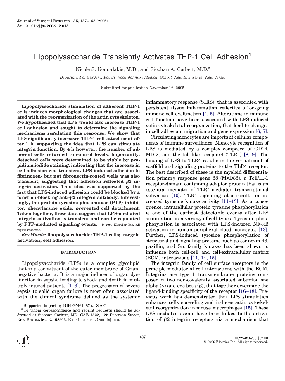 Lipopolysaccharide Transiently Activates THP-1 Cell Adhesion 1