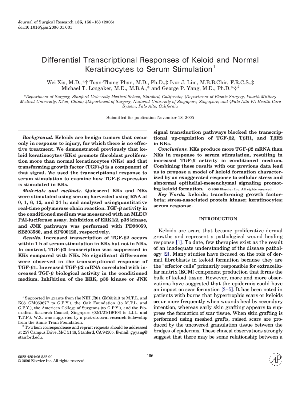 Differential Transcriptional Responses of Keloid and Normal Keratinocytes to Serum Stimulation 1