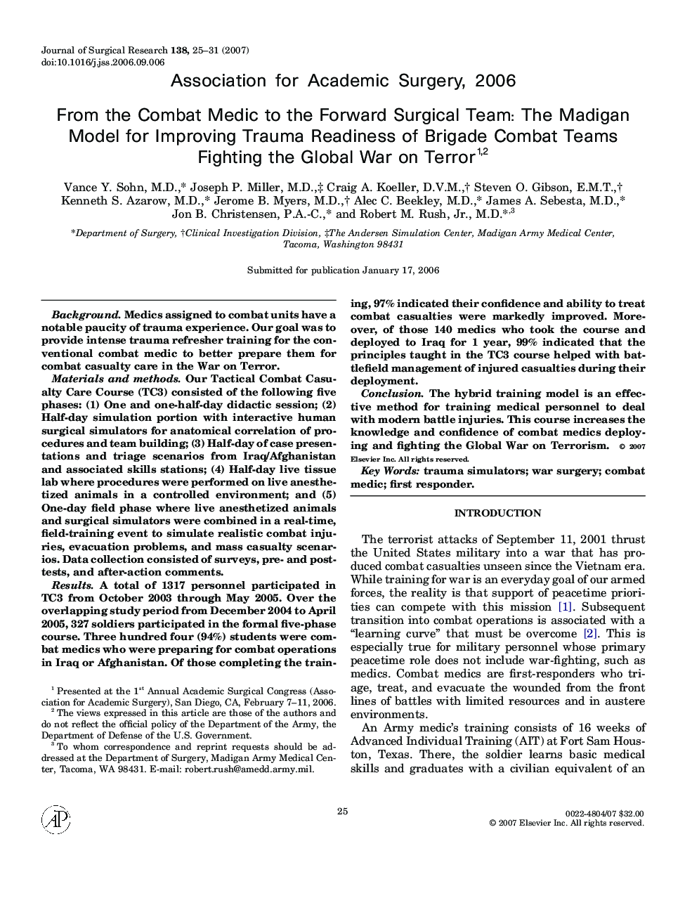 From the Combat Medic to the Forward Surgical Team: The Madigan Model for Improving Trauma Readiness of Brigade Combat Teams Fighting the Global War on Terror 2