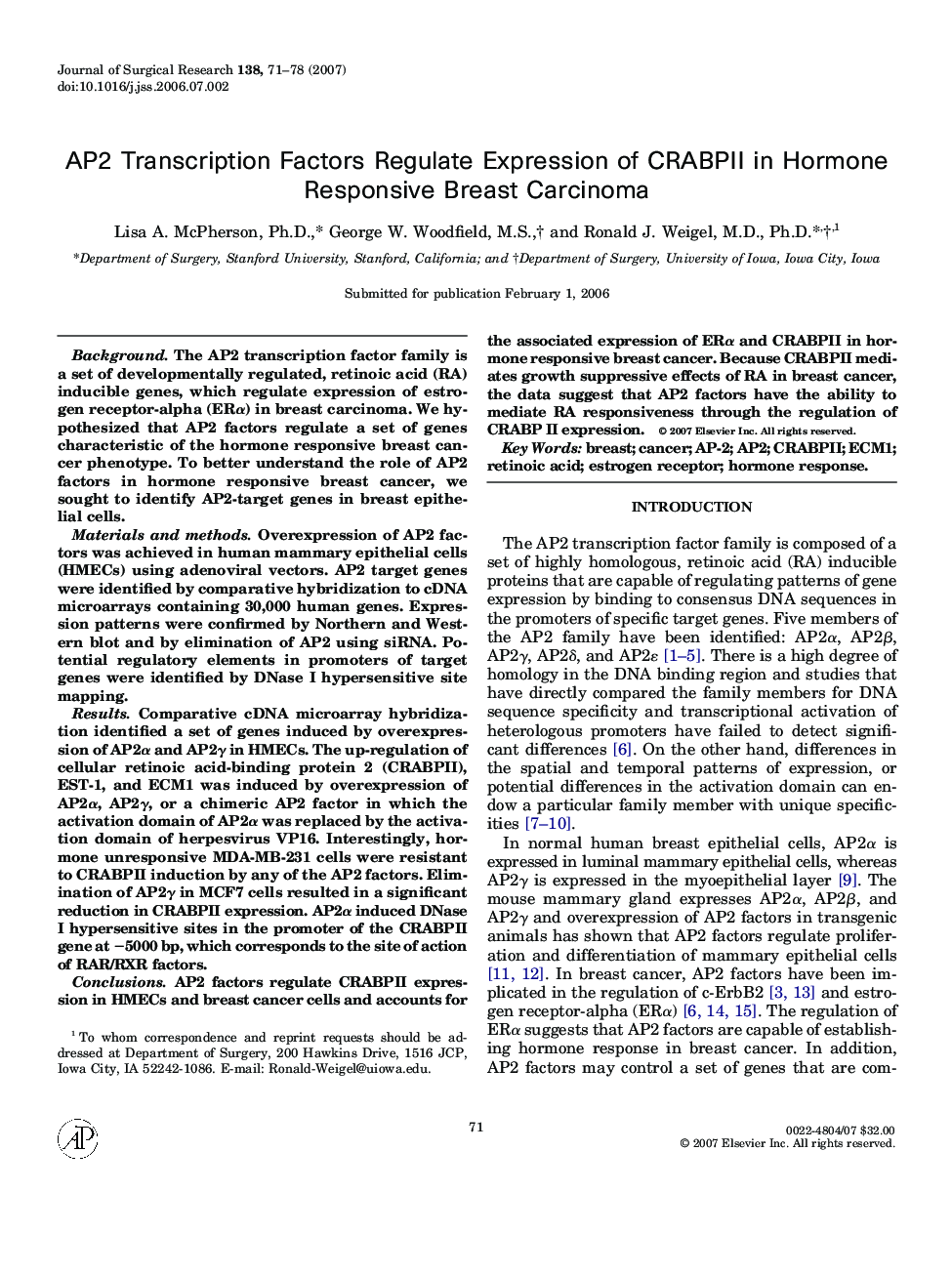 AP2 Transcription Factors Regulate Expression of CRABPII in Hormone Responsive Breast Carcinoma