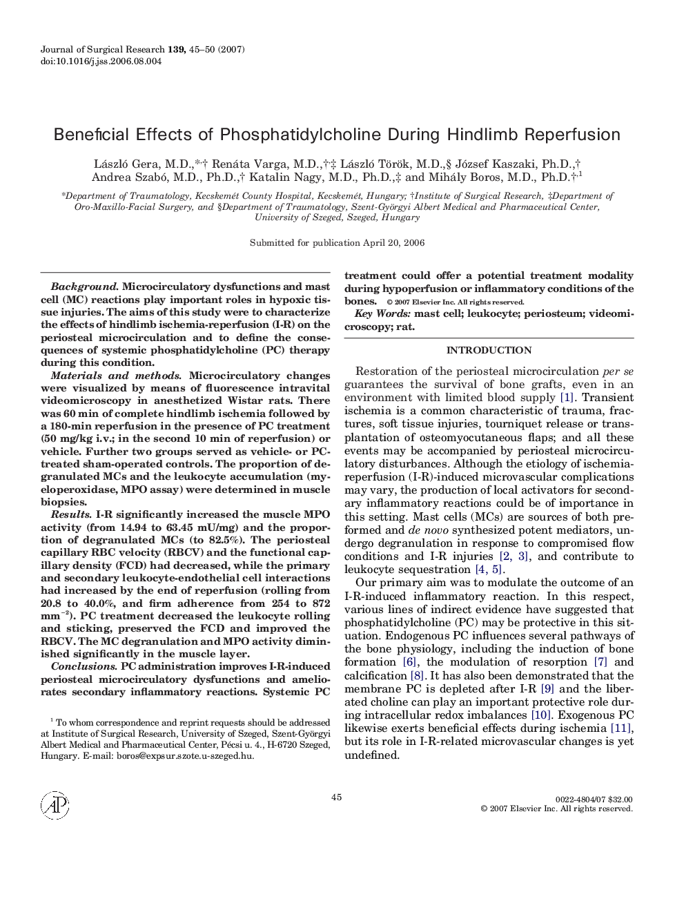 Beneficial Effects of Phosphatidylcholine During Hindlimb Reperfusion