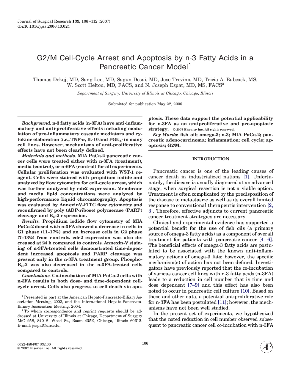 G2/M Cell-Cycle Arrest and Apoptosis by n-3 Fatty Acids in a Pancreatic Cancer Model