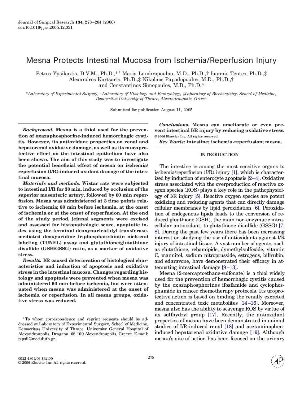 Mesna Protects Intestinal Mucosa from Ischemia/Reperfusion Injury