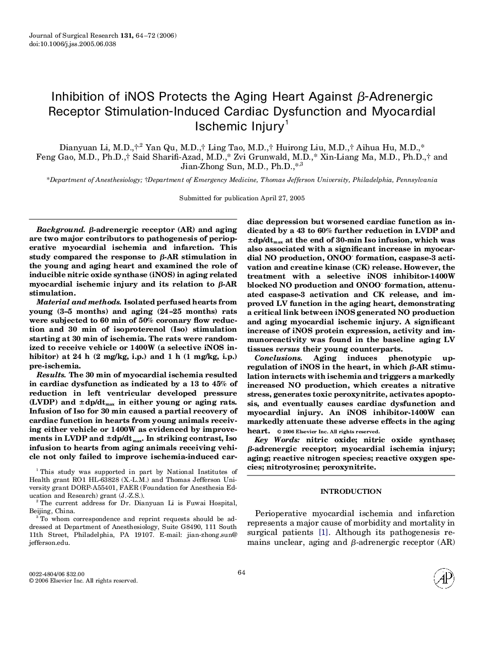 Inhibition of iNOS Protects the Aging Heart Against β-Adrenergic Receptor Stimulation-Induced Cardiac Dysfunction and Myocardial Ischemic Injury 1