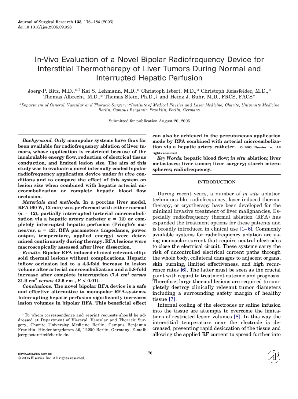 In-Vivo Evaluation of a Novel Bipolar Radiofrequency Device for Interstitial Thermotherapy of Liver Tumors During Normal and Interrupted Hepatic Perfusion