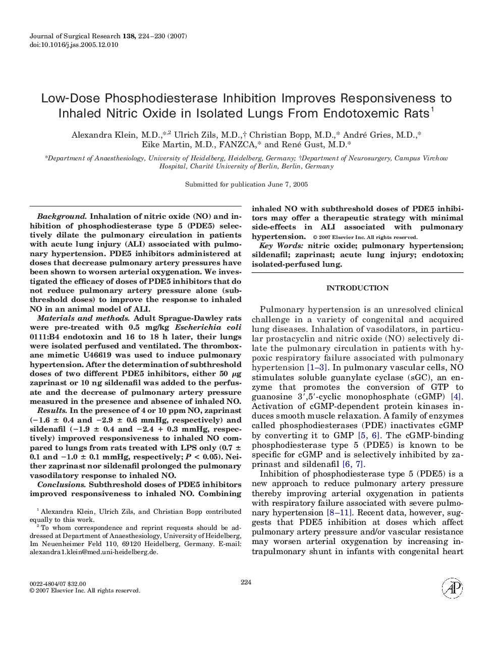 Low-Dose Phosphodiesterase Inhibition Improves Responsiveness to Inhaled Nitric Oxide in Isolated Lungs From Endotoxemic Rats