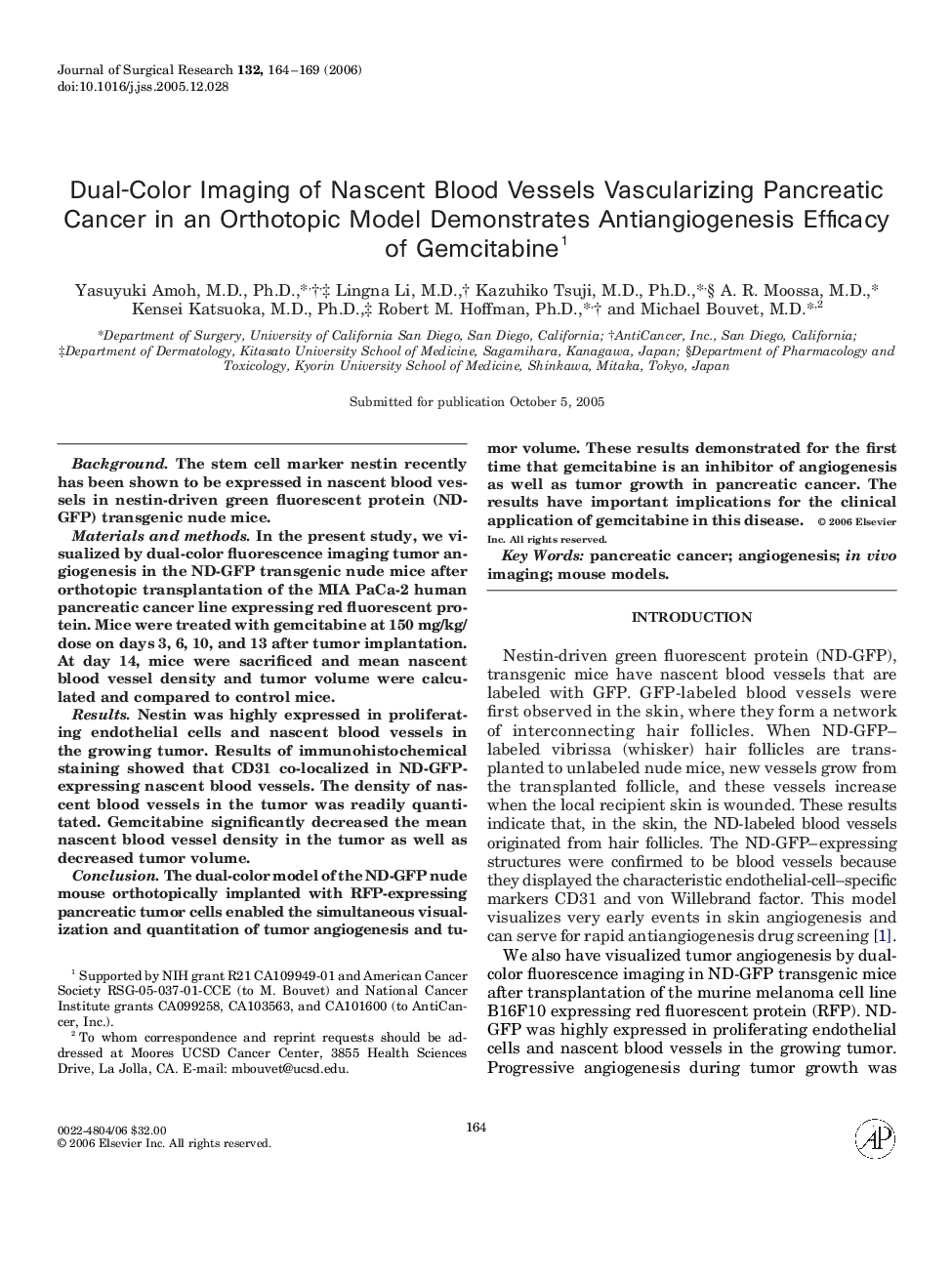 Dual-Color Imaging of Nascent Blood Vessels Vascularizing Pancreatic Cancer in an Orthotopic Model Demonstrates Antiangiogenesis Efficacy of Gemcitabine1