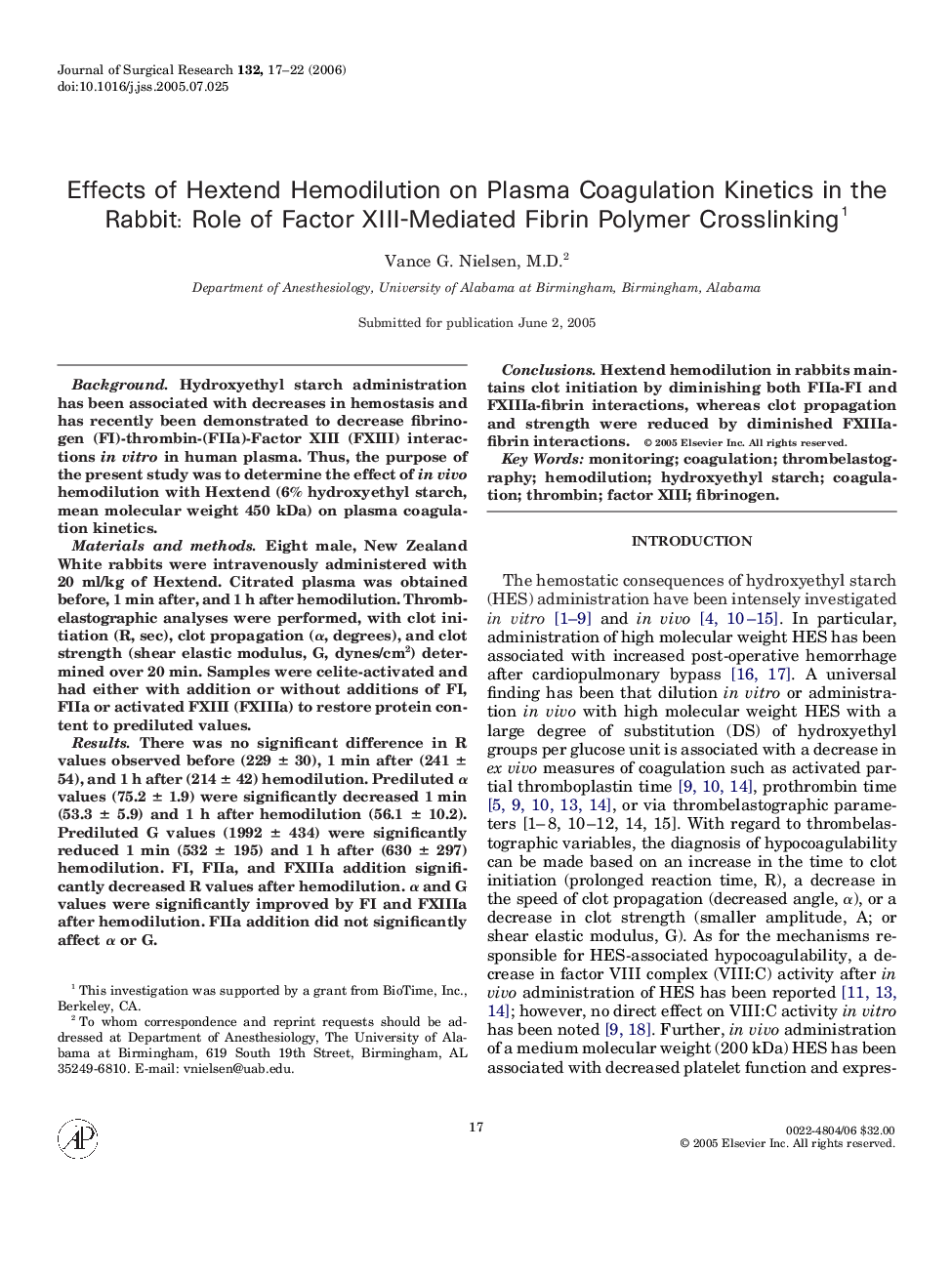 Effects of Hextend Hemodilution on Plasma Coagulation Kinetics in the Rabbit: Role of Factor XIII-Mediated Fibrin Polymer Crosslinking 1