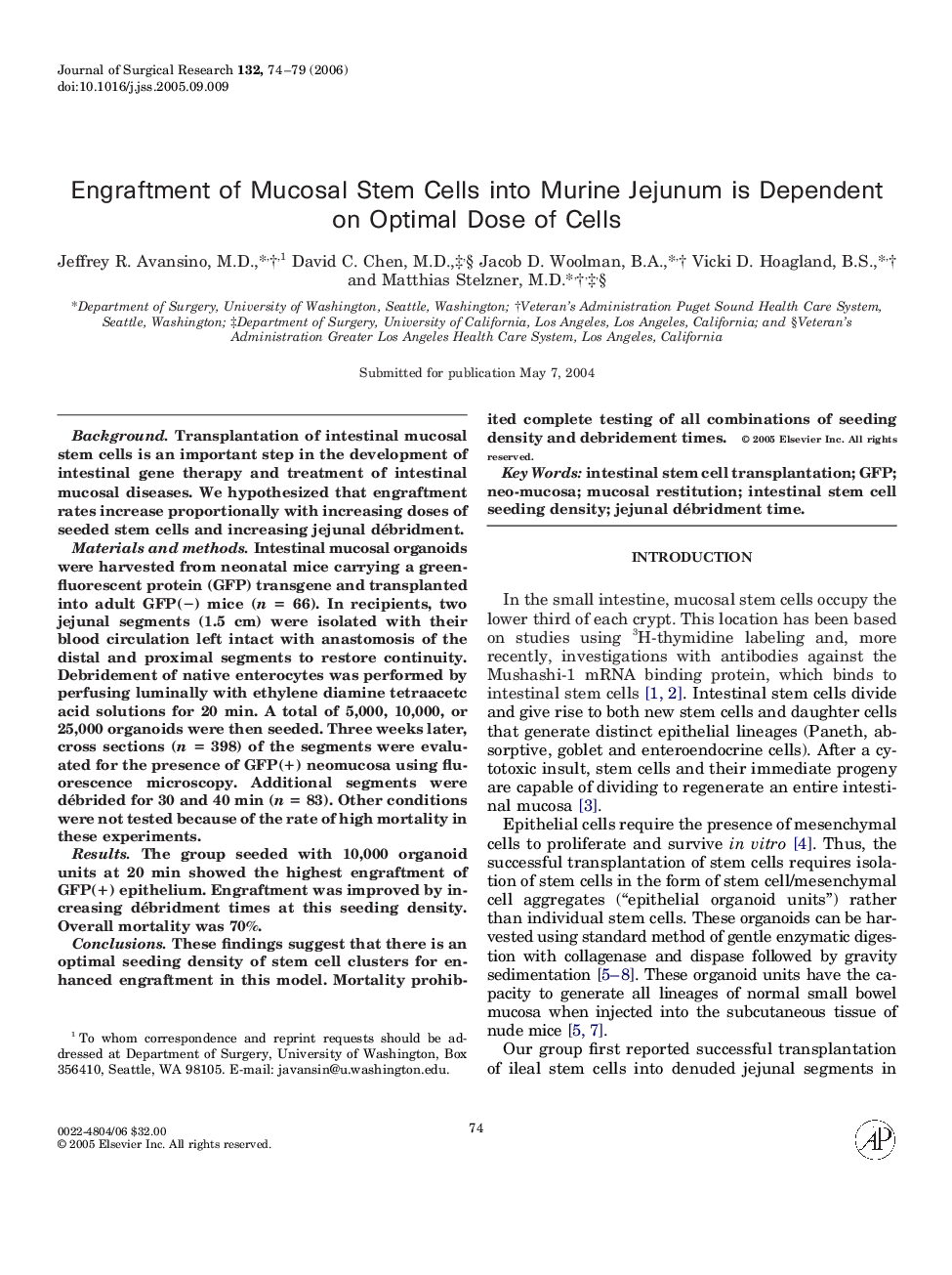 Engraftment of Mucosal Stem Cells into Murine Jejunum is Dependent on Optimal Dose of Cells
