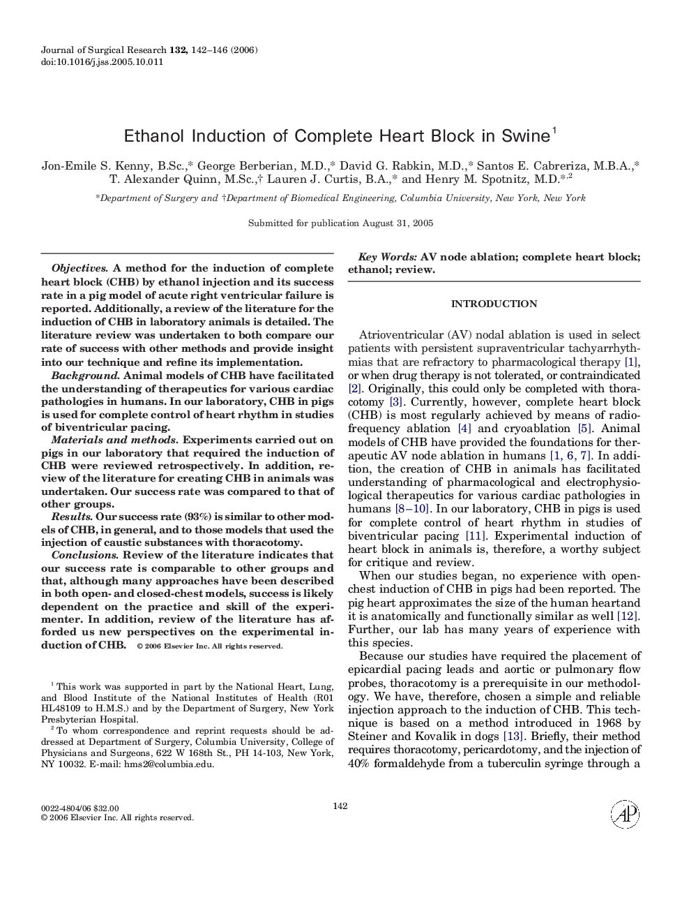 Ethanol Induction of Complete Heart Block in Swine