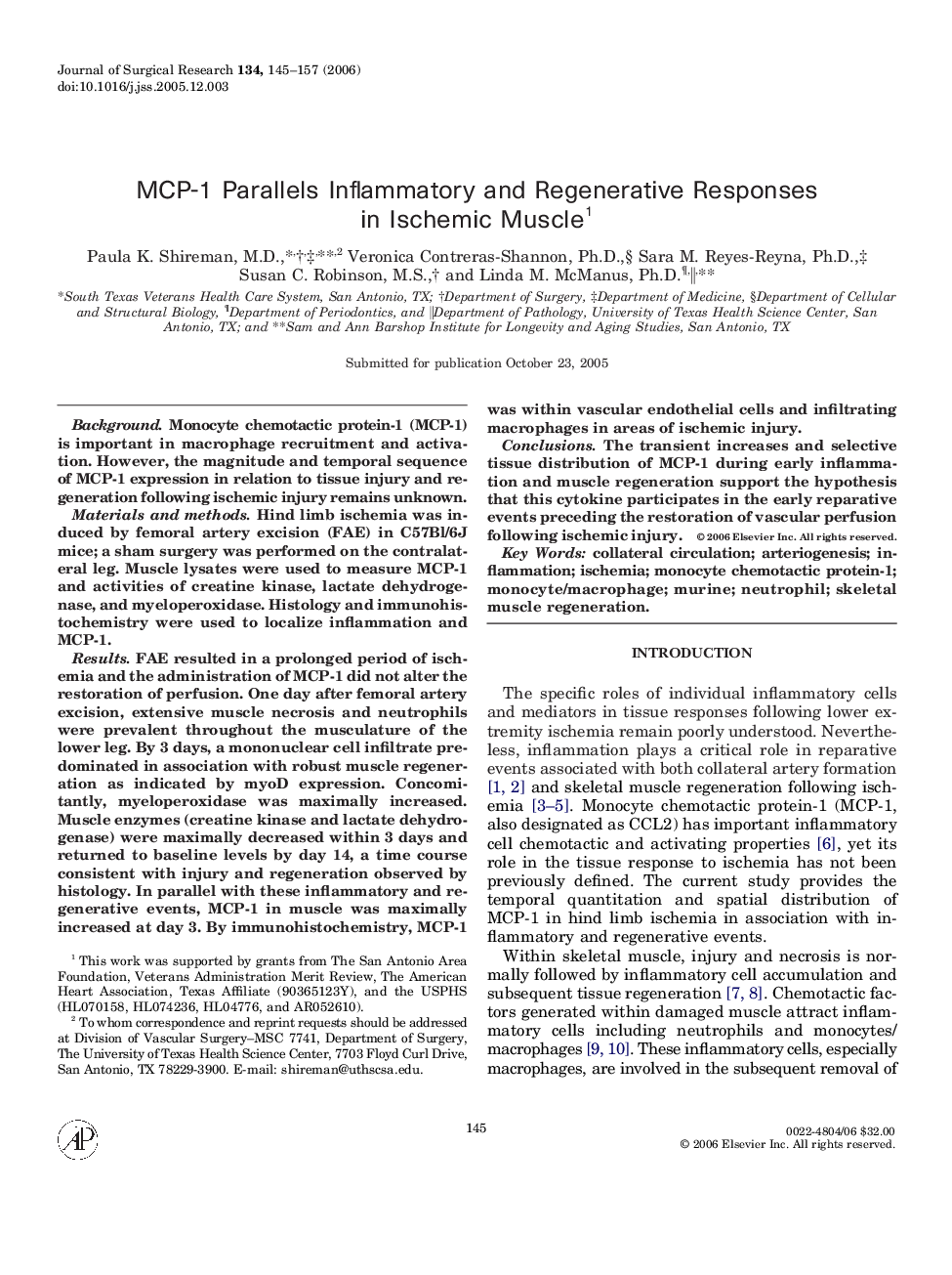 MCP-1 Parallels Inflammatory and Regenerative Responses in Ischemic Muscle 1