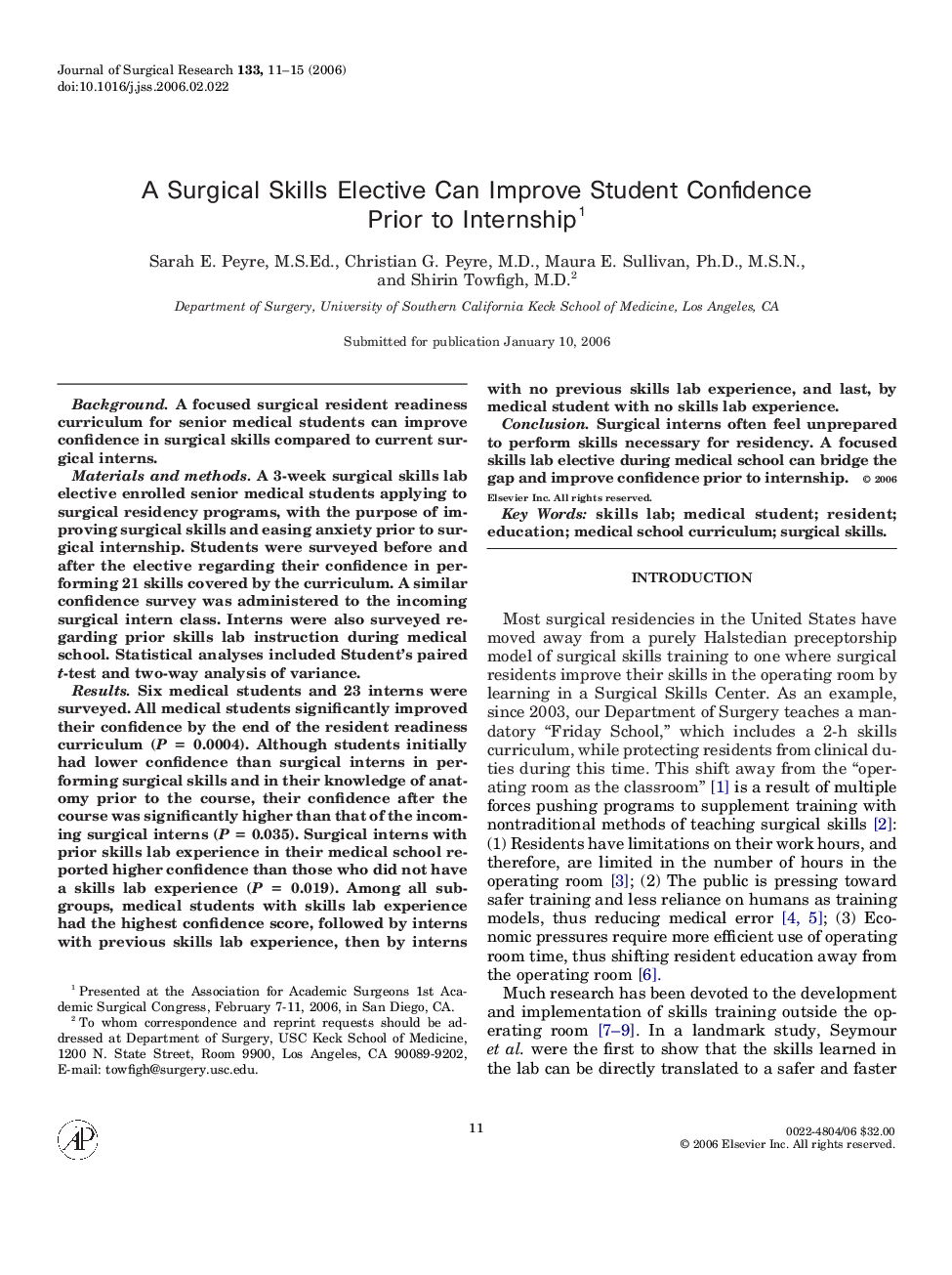 A Surgical Skills Elective Can Improve Student Confidence Prior to Internship