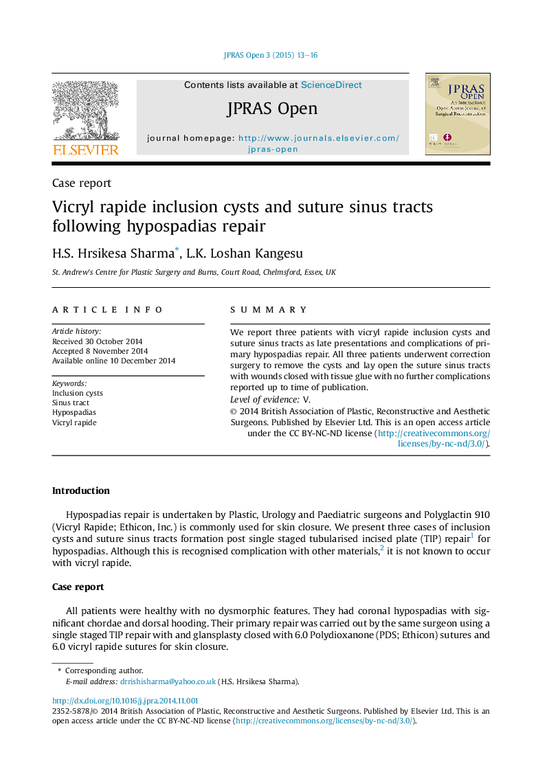 Vicryl rapide inclusion cysts and suture sinus tracts following hypospadias repair