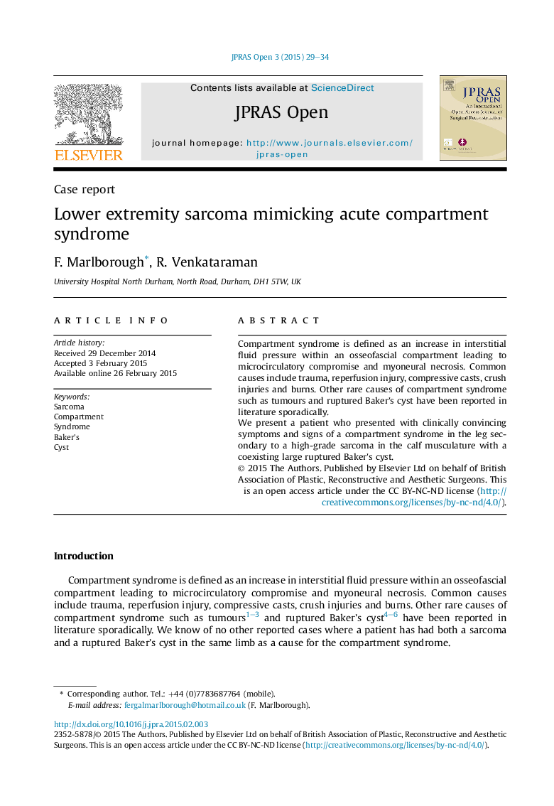 Lower extremity sarcoma mimicking acute compartment syndrome