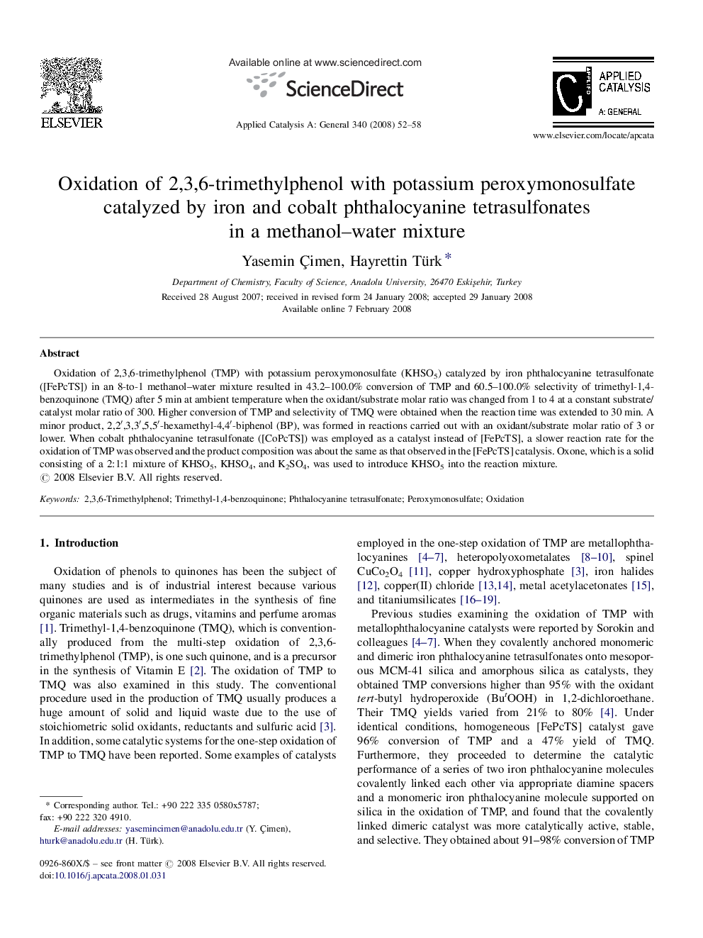 Oxidation of 2,3,6-trimethylphenol with potassium peroxymonosulfate catalyzed by iron and cobalt phthalocyanine tetrasulfonates in a methanol–water mixture