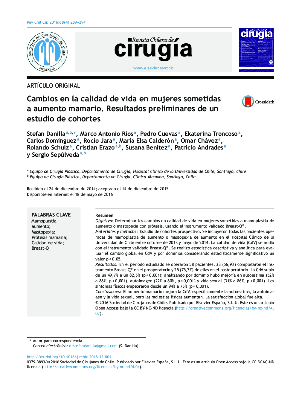 Cambios en la calidad de vida en mujeres sometidas a aumento mamario. Resultados preliminares de un estudio de cohortes