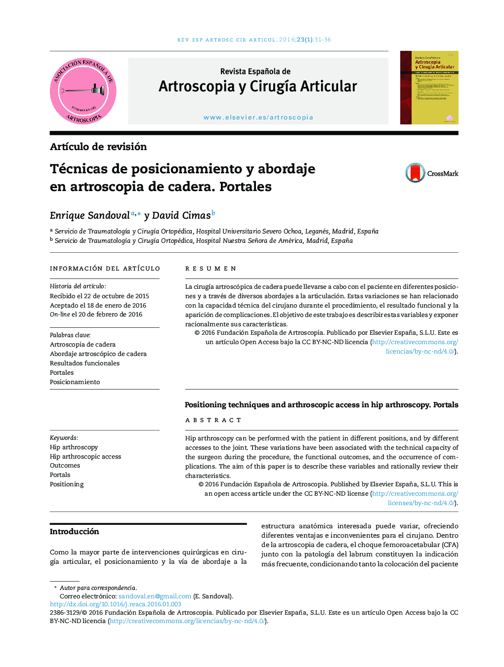 Técnicas de posicionamiento y abordaje en artroscopia de cadera. Portales