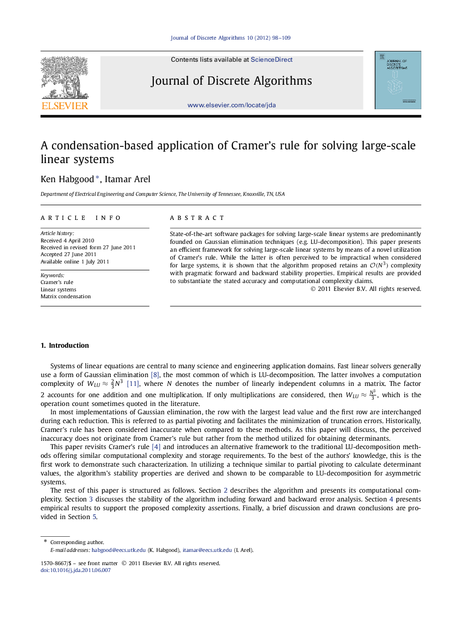 A condensation-based application of Cramerʼs rule for solving large-scale linear systems