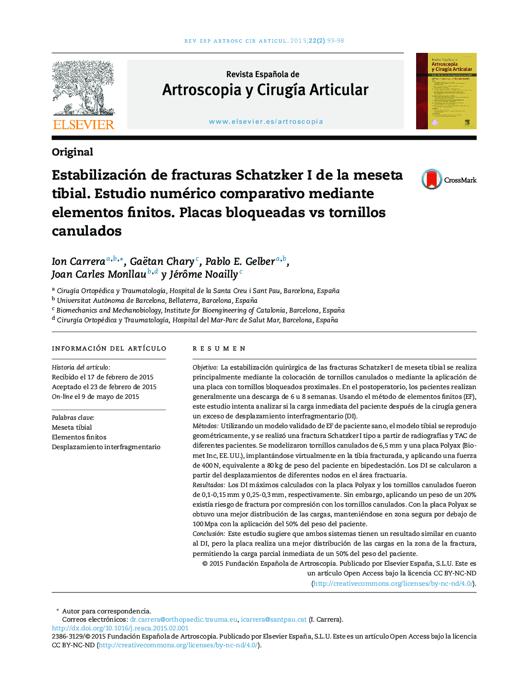 Estabilización de fracturas Schatzker I de la meseta tibial. Estudio numérico comparativo mediante elementos finitos. Placas bloqueadas vs tornillos canulados