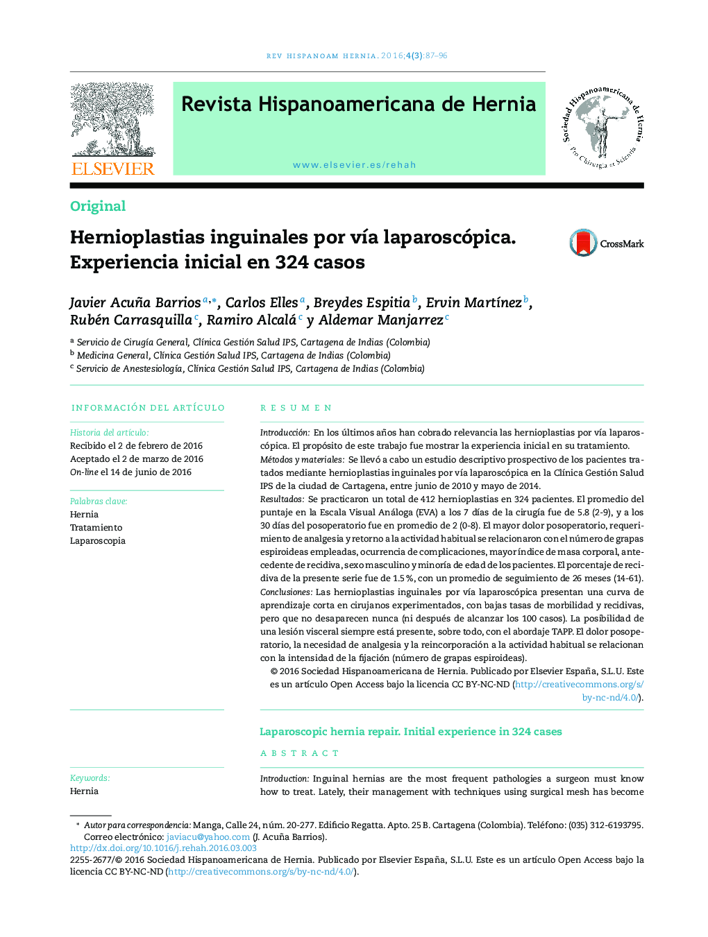 Hernioplastias inguinales por vía laparoscópica. Experiencia inicial en 324 casos