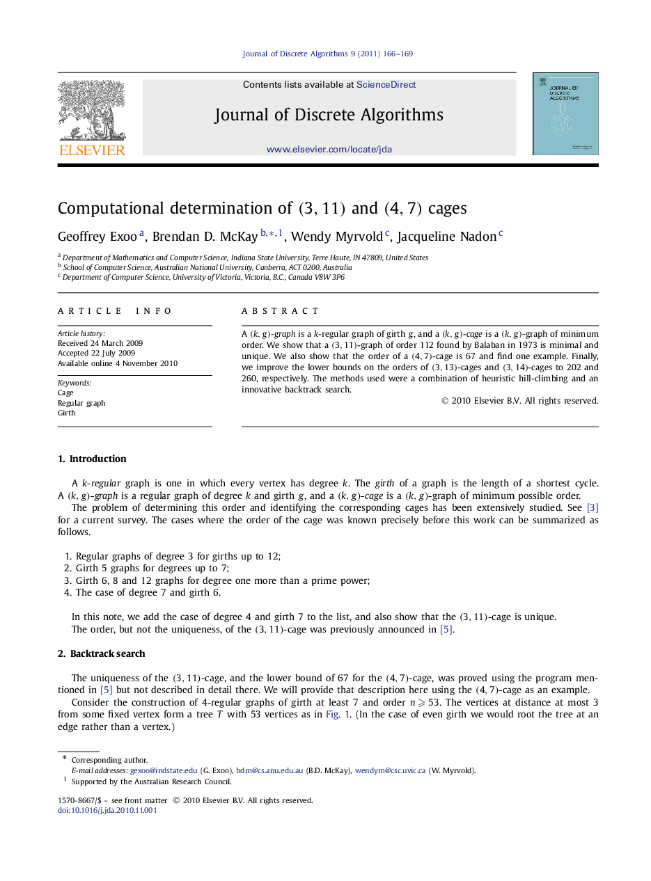 Computational determination of (3,11)(3,11) and (4,7)(4,7) cages