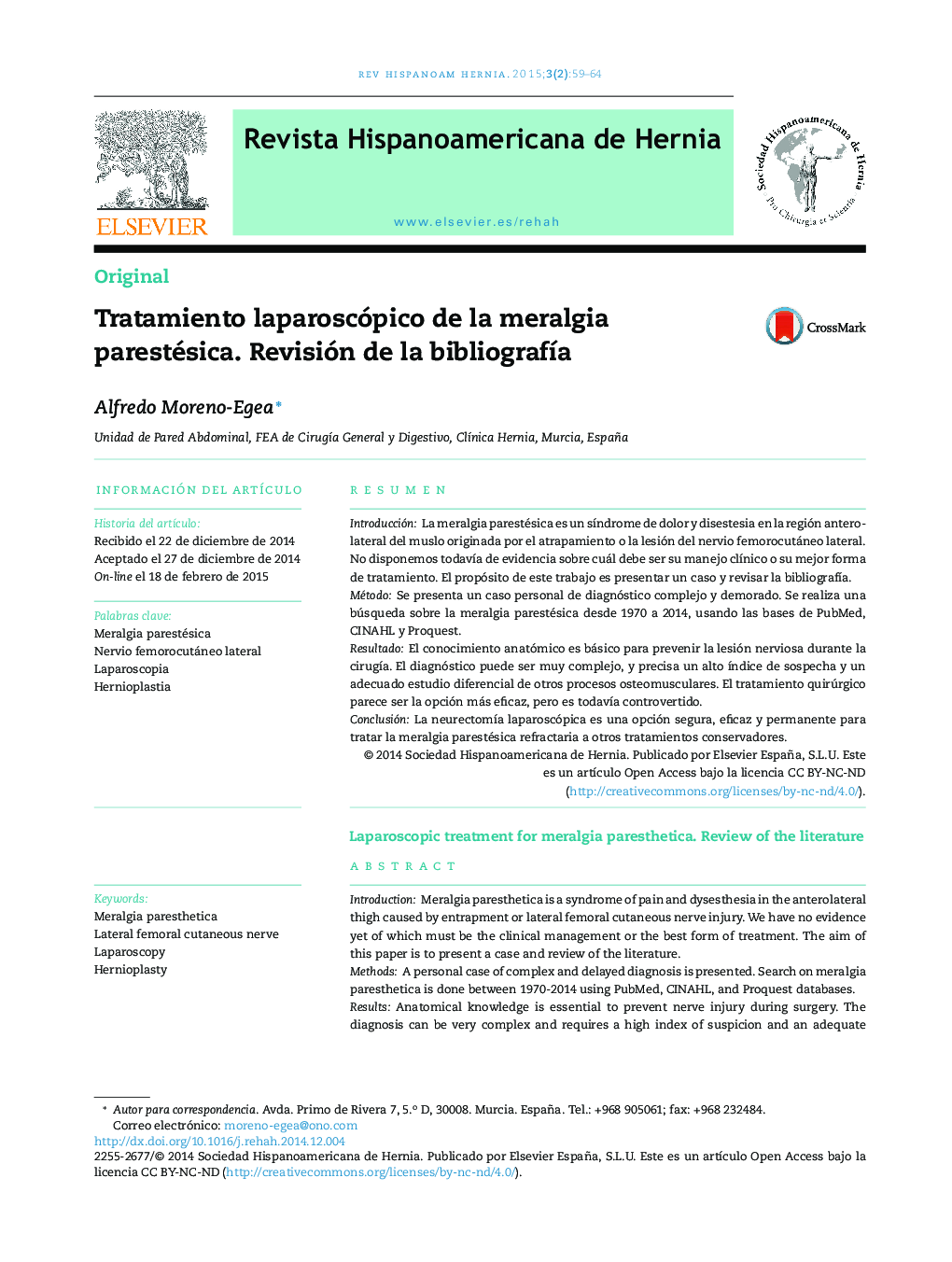 Tratamiento laparoscópico de la meralgia parestésica. Revisión de la bibliografía