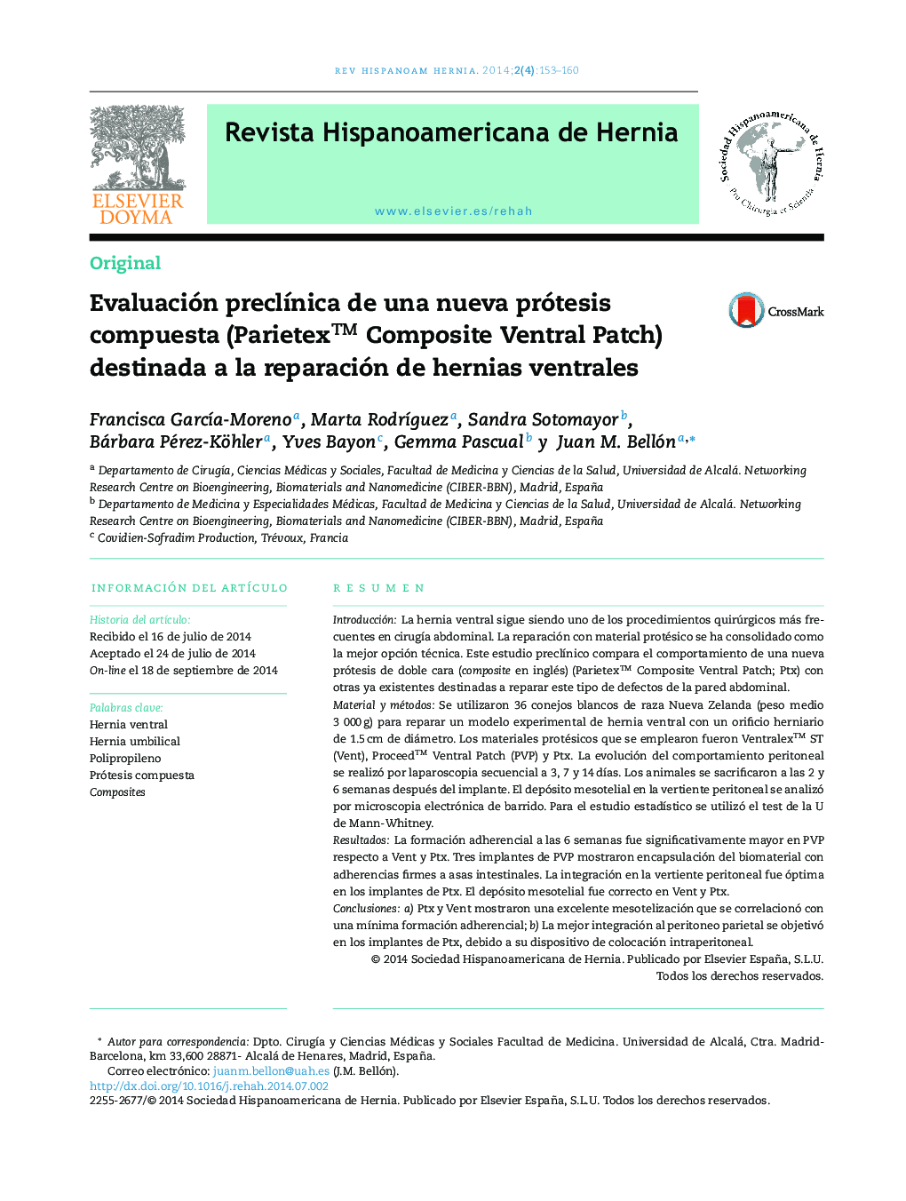 Evaluación preclínica de una nueva prótesis compuesta (Parietex™ Composite Ventral Patch) destinada a la reparación de hernias ventrales