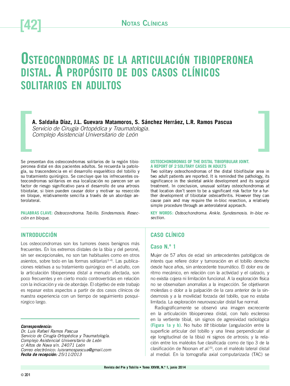 Osteocondromas de la articulación tibioperonea distal. A propósito de dos casos clínicos solitarios en adultos