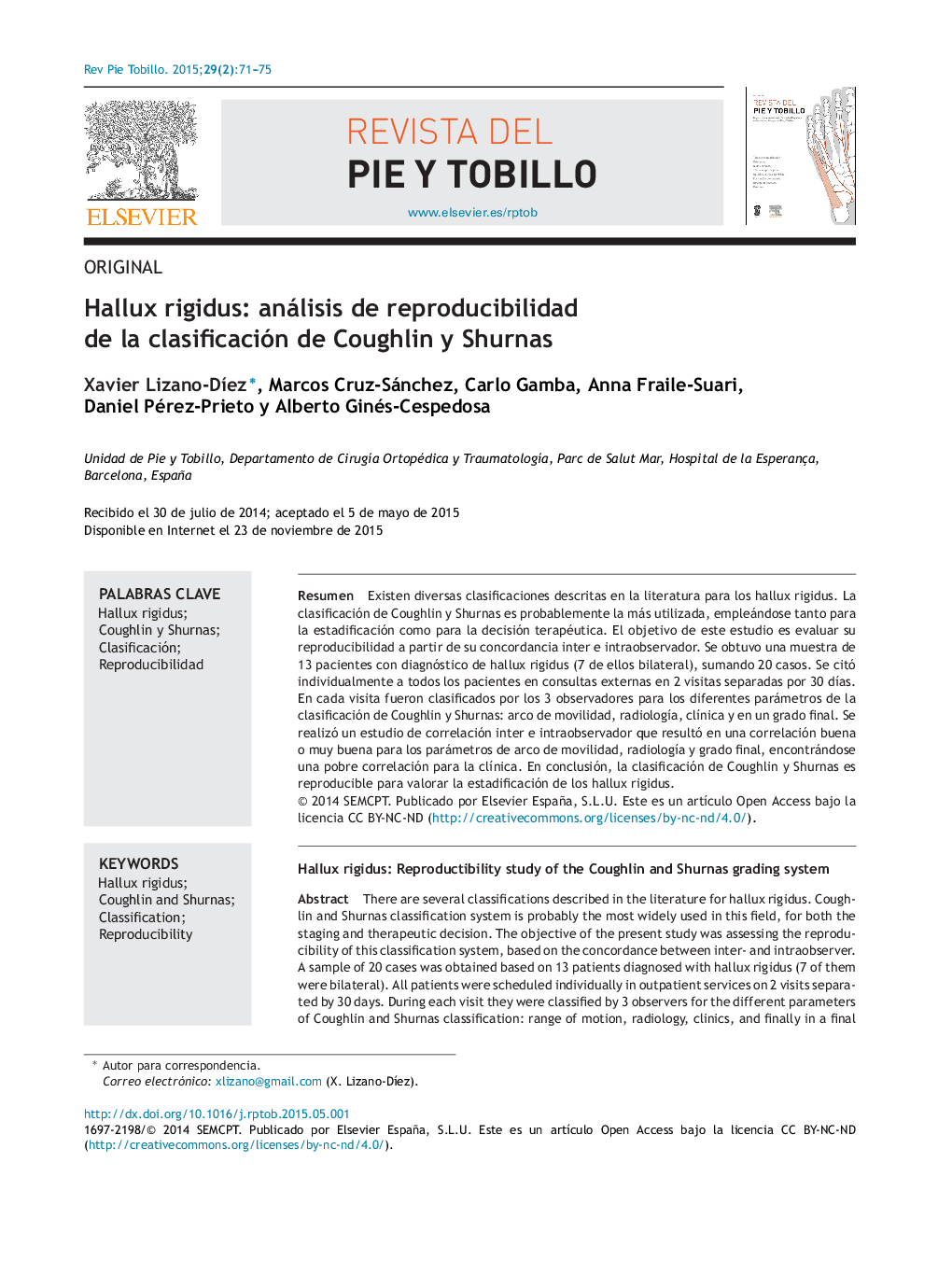 Hallux rigidus: análisis de reproducibilidad de la clasificación de Coughlin y Shurnas