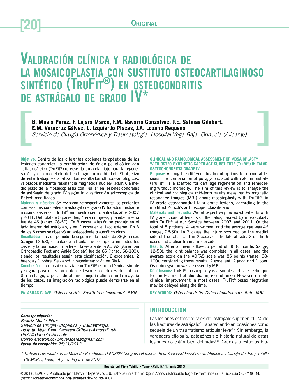 Valoración clínica y radiológica de la mosaicoplastia con sustituto osteocartilaginoso sintético (TruFit®) en osteocondritis de astrágalo de grado IV*