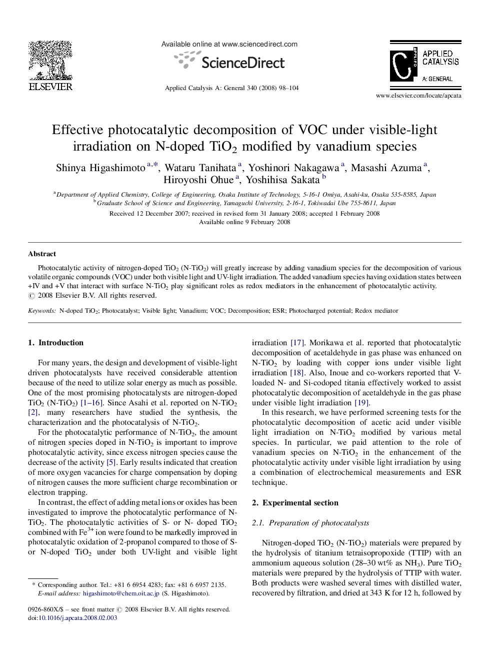 Effective photocatalytic decomposition of VOC under visible-light irradiation on N-doped TiO2 modified by vanadium species