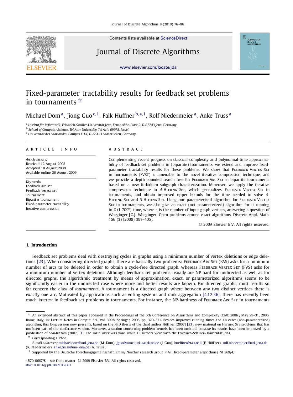 Fixed-parameter tractability results for feedback set problems in tournaments 