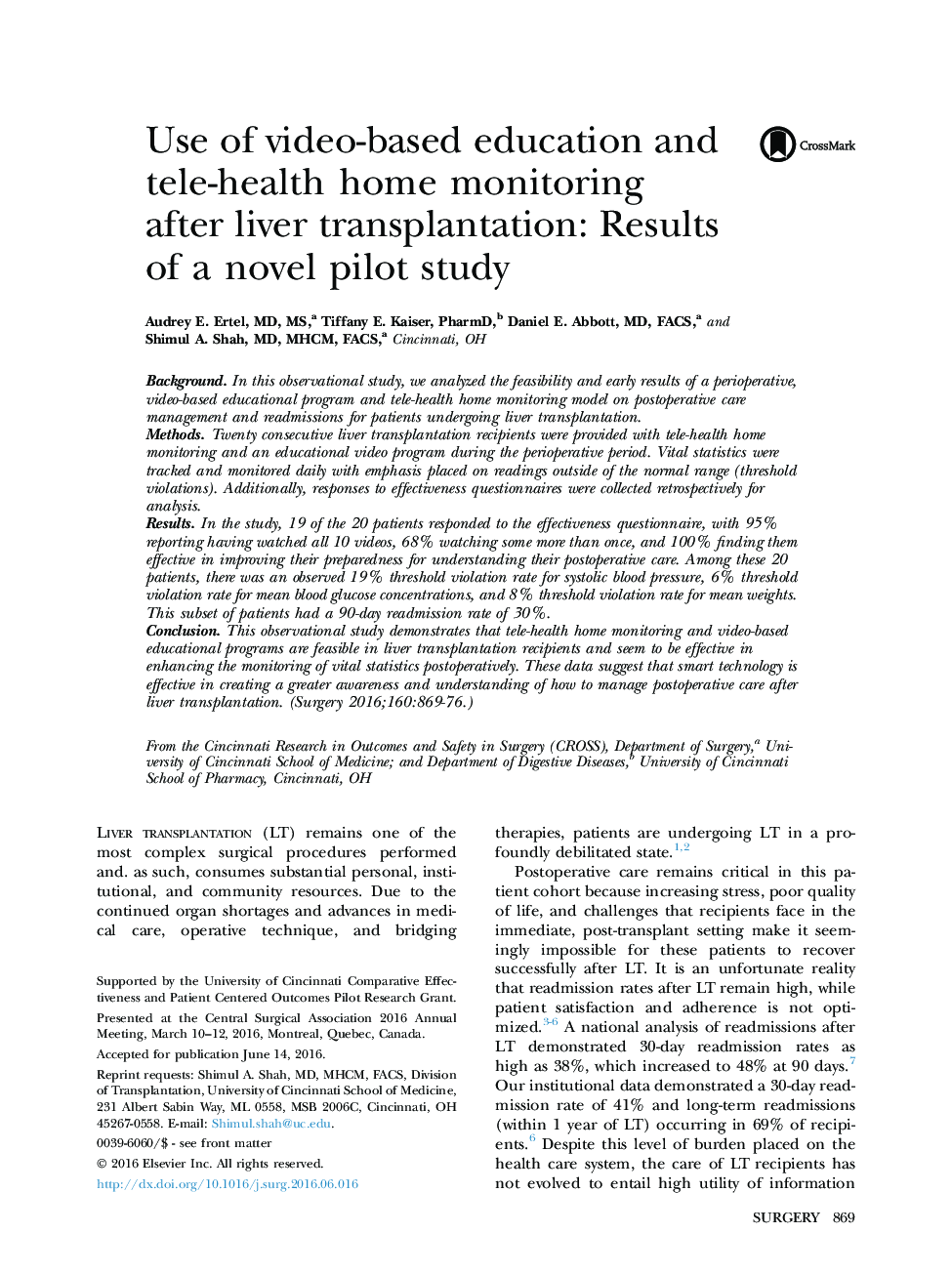 Use of video-based education and tele-health home monitoring after liver transplantation: Results of a novel pilot study 