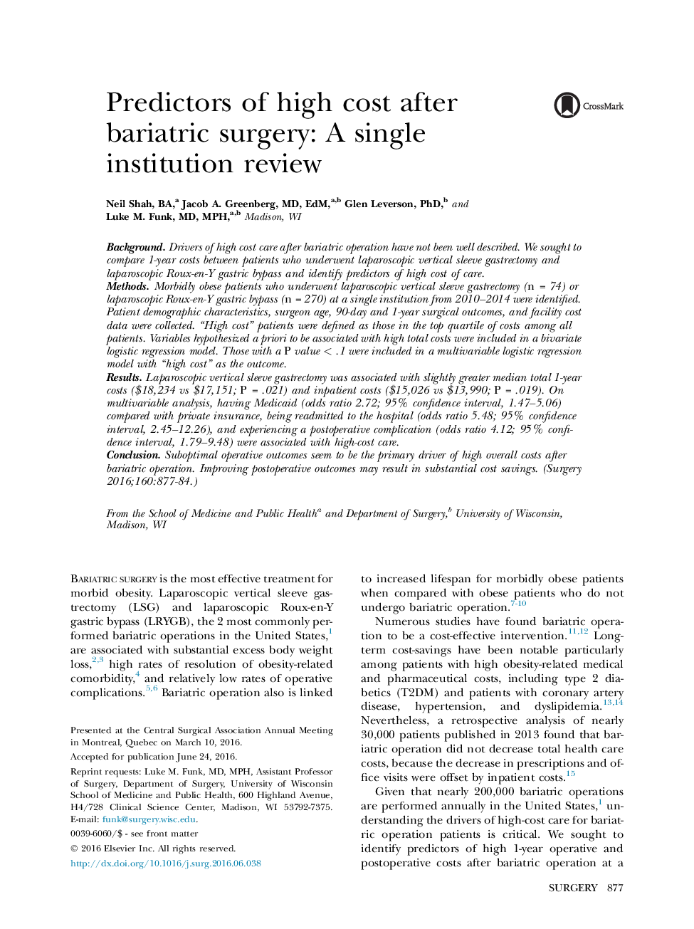 Predictors of high cost after bariatric surgery: A single institution review