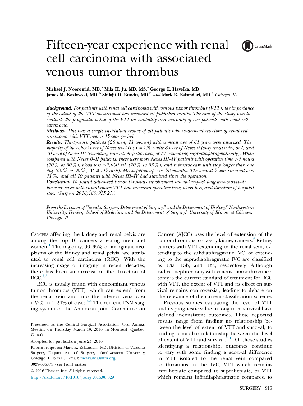 Fifteen-year experience with renal cell carcinoma with associated venous tumor thrombus