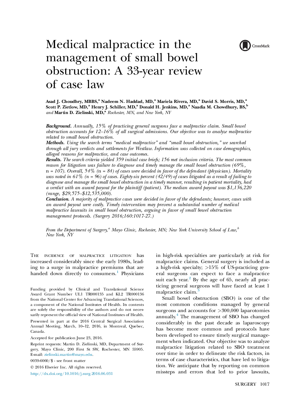 سوءاستفاده پزشکی در مدیریت انسداد روده کوچک: یک بررسی 33 ساله در مورد پرونده قضایی 