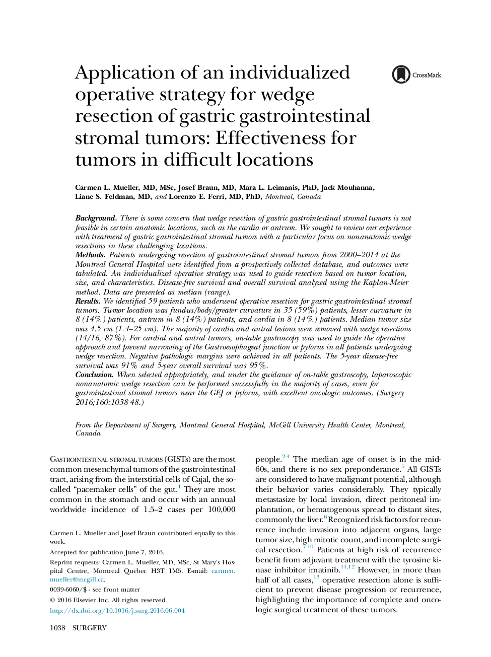 Application of an individualized operative strategy for wedge resection of gastric gastrointestinal stromal tumors: Effectiveness for tumors in difficult locations 