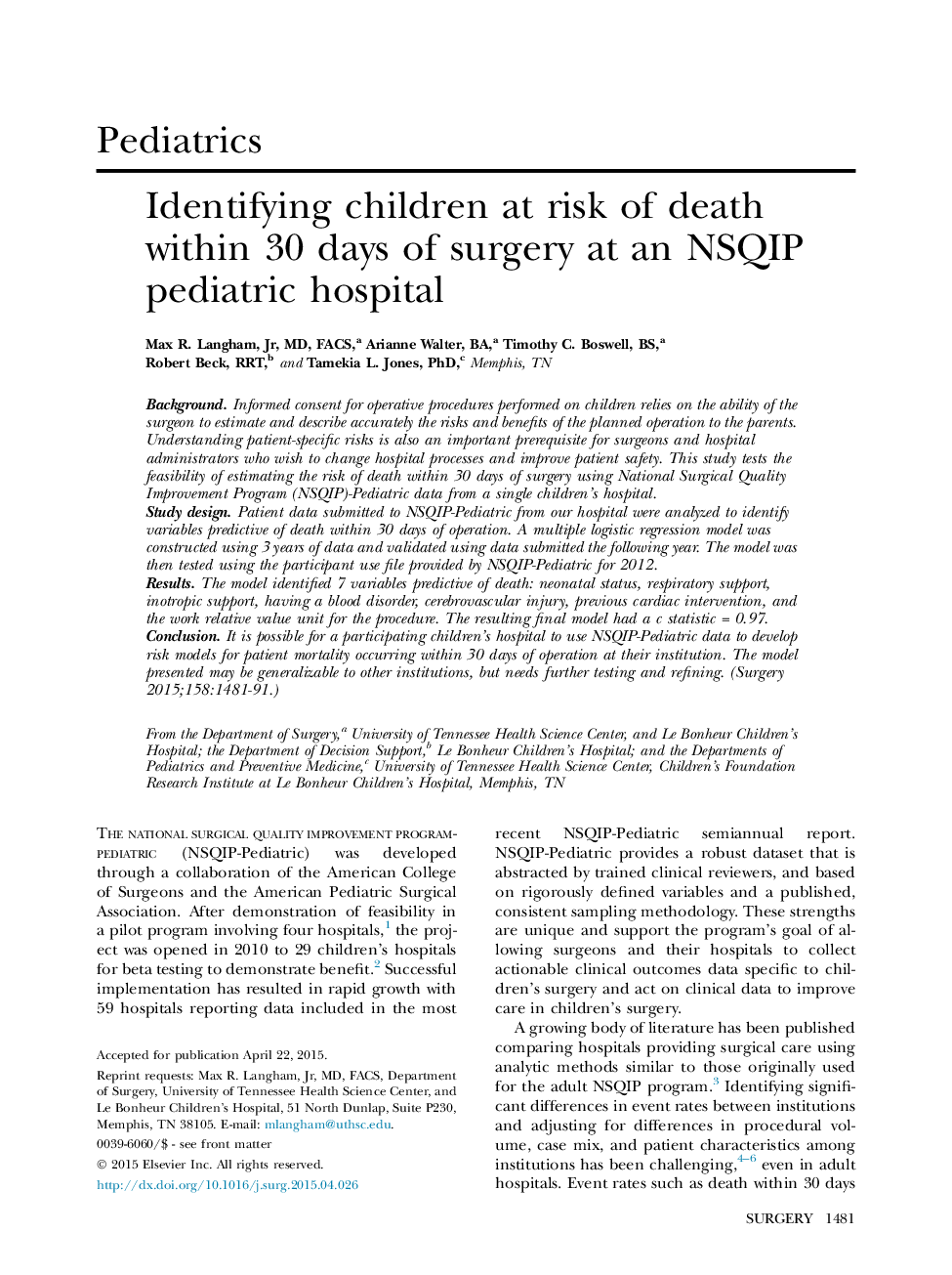 Identifying children at risk of death within 30 days of surgery at an NSQIP pediatric hospital
