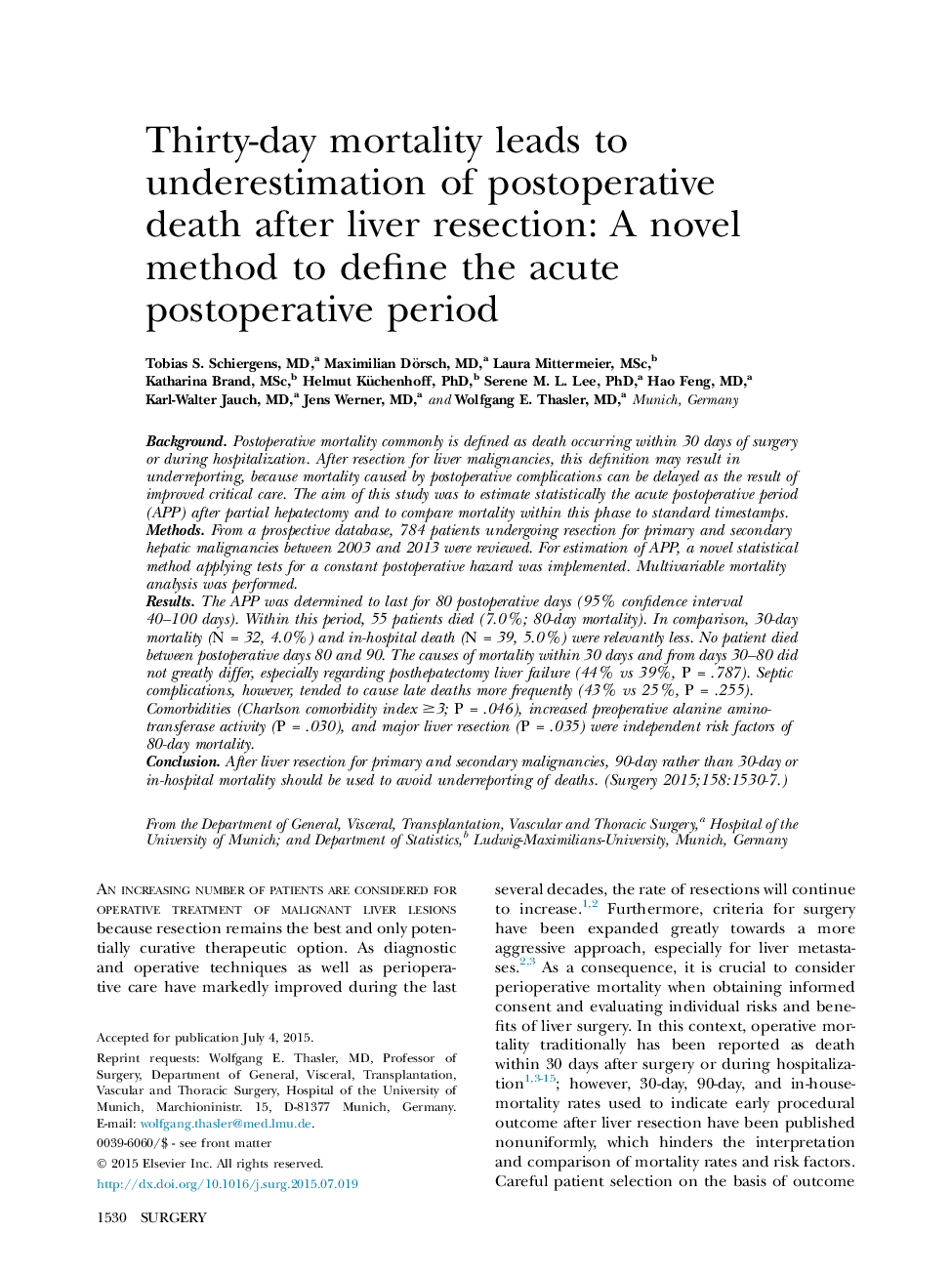 Thirty-day mortality leads to underestimation of postoperative death after liver resection: A novel method to define the acute postoperative period