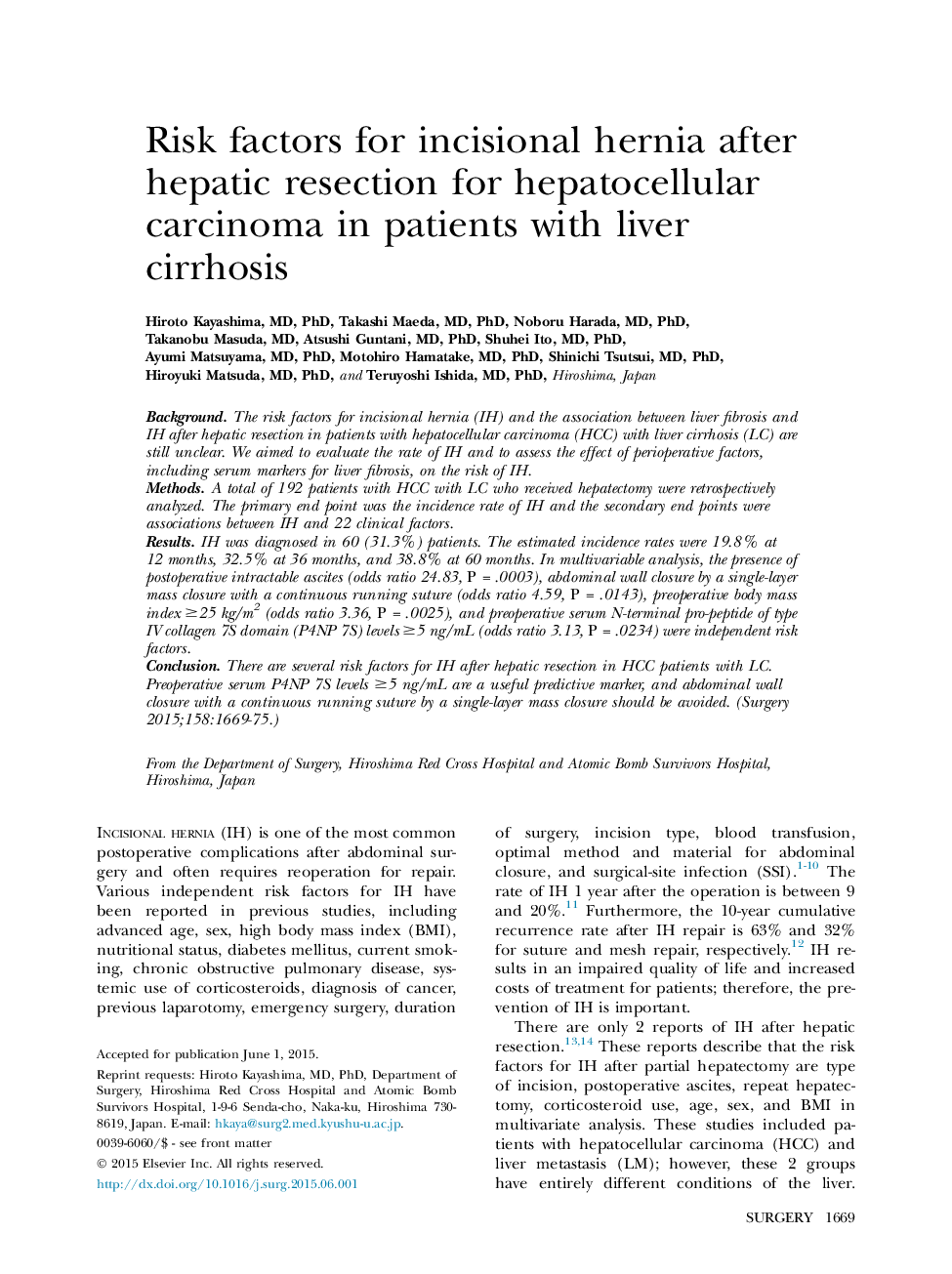 Risk factors for incisional hernia after hepatic resection for hepatocellular carcinoma in patients with liver cirrhosis