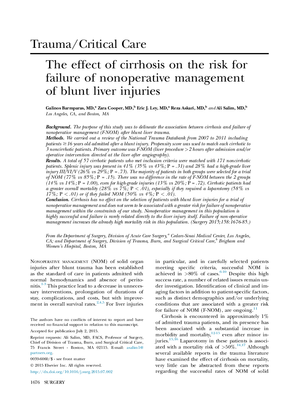 The effect of cirrhosis on the risk for failure of nonoperative management of blunt liver injuries 