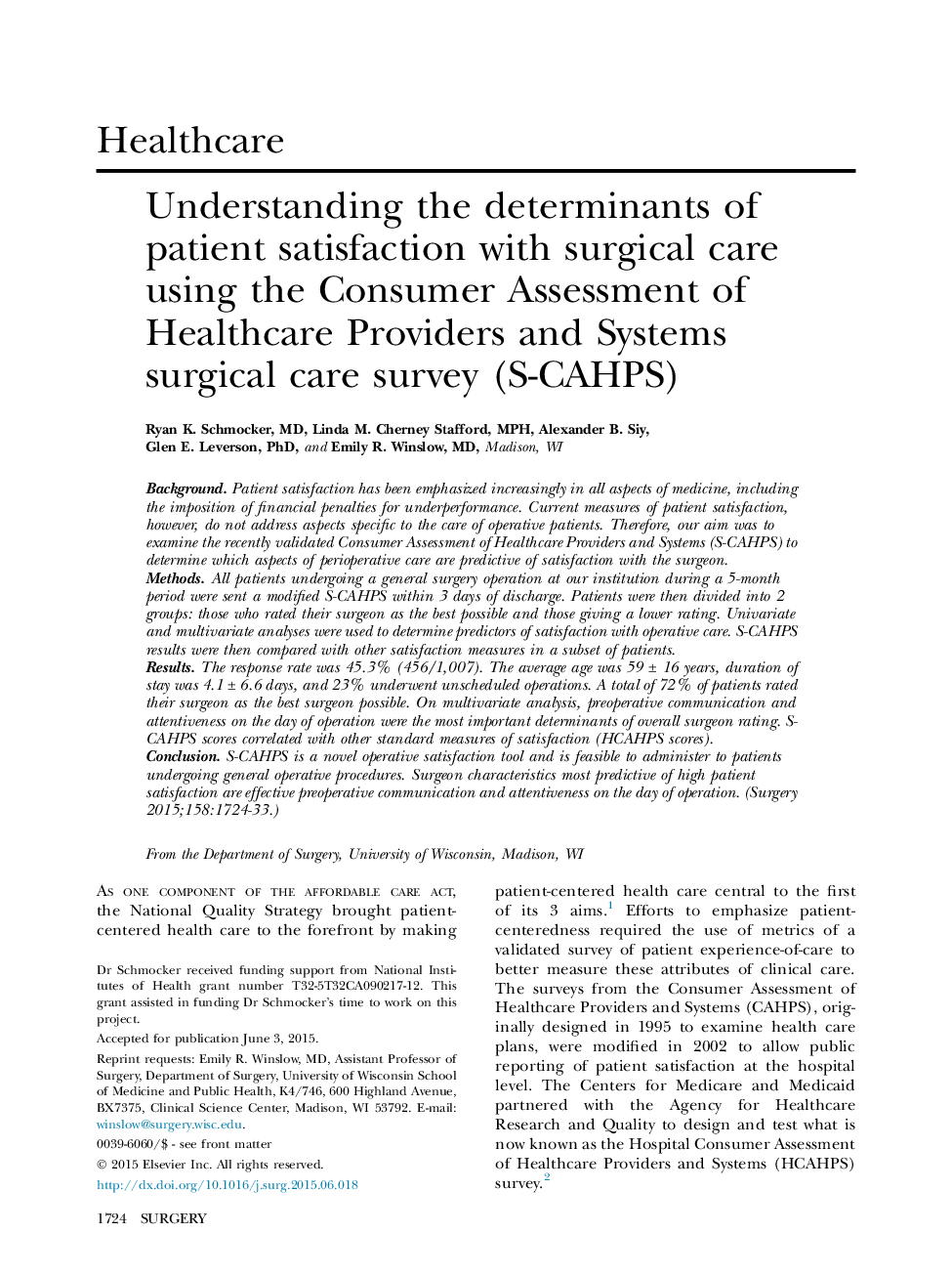 Understanding the determinants of patient satisfaction with surgical care using the Consumer Assessment of Healthcare Providers and Systems surgical care survey (S-CAHPS) 