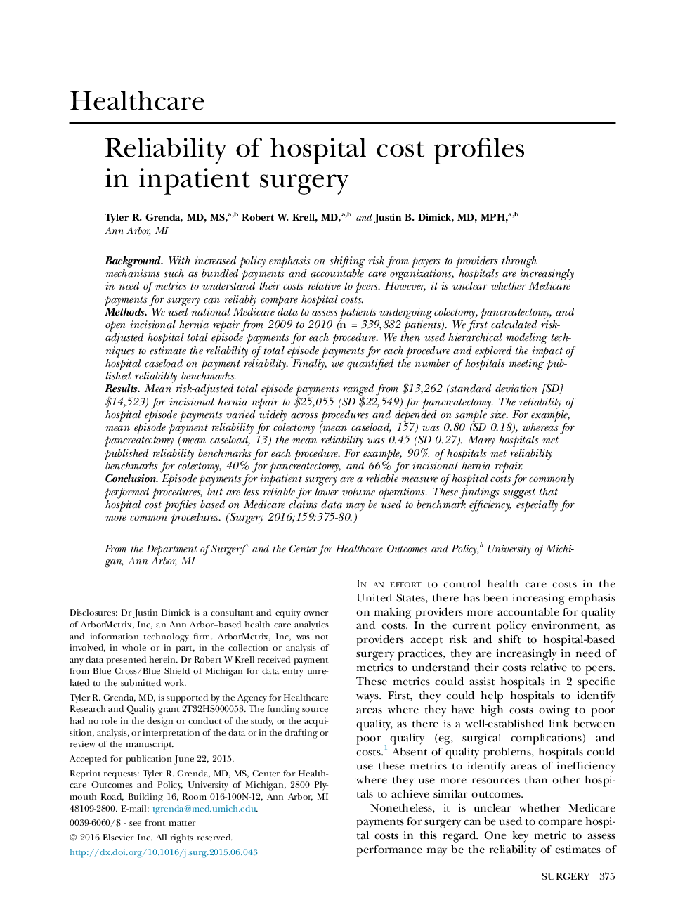 Reliability of hospital cost profiles in inpatient surgery 