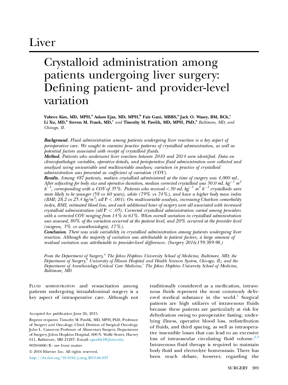 Crystalloid administration among patients undergoing liver surgery: Defining patient- and provider-level variation