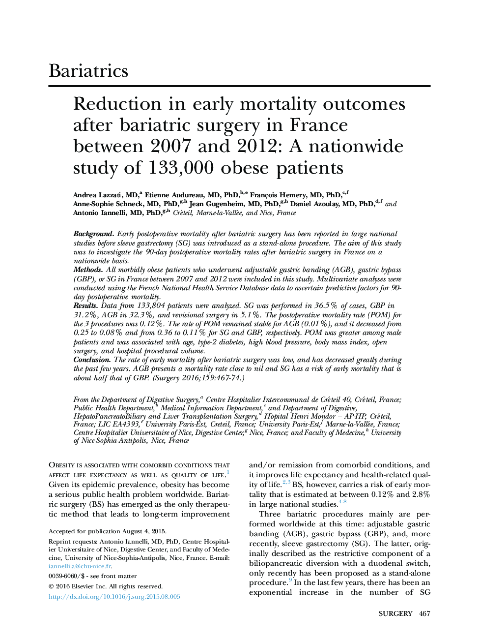 Reduction in early mortality outcomes after bariatric surgery in France between 2007 and 2012: A nationwide study of 133,000 obese patients