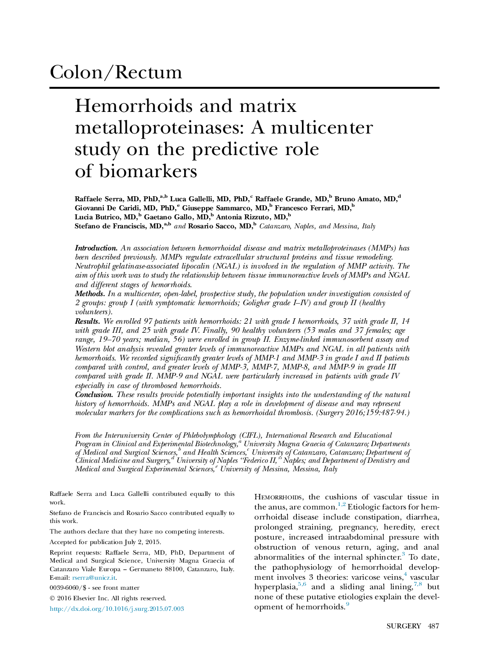 Hemorrhoids and matrix metalloproteinases: A multicenter study on the predictive role of biomarkers 