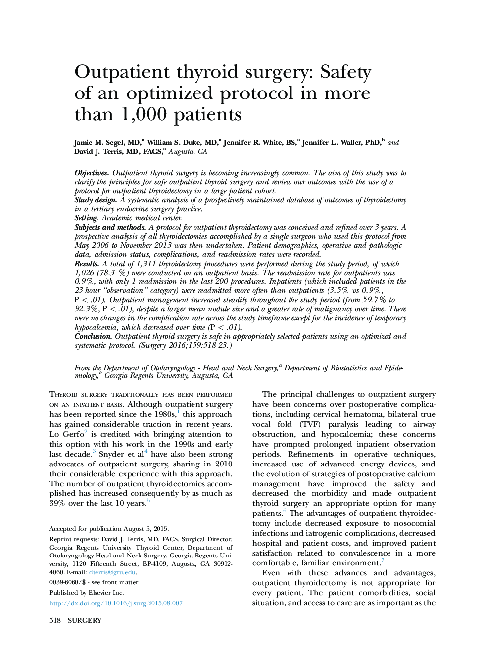 Outpatient thyroid surgery: Safety of an optimized protocol in more than 1,000 patients